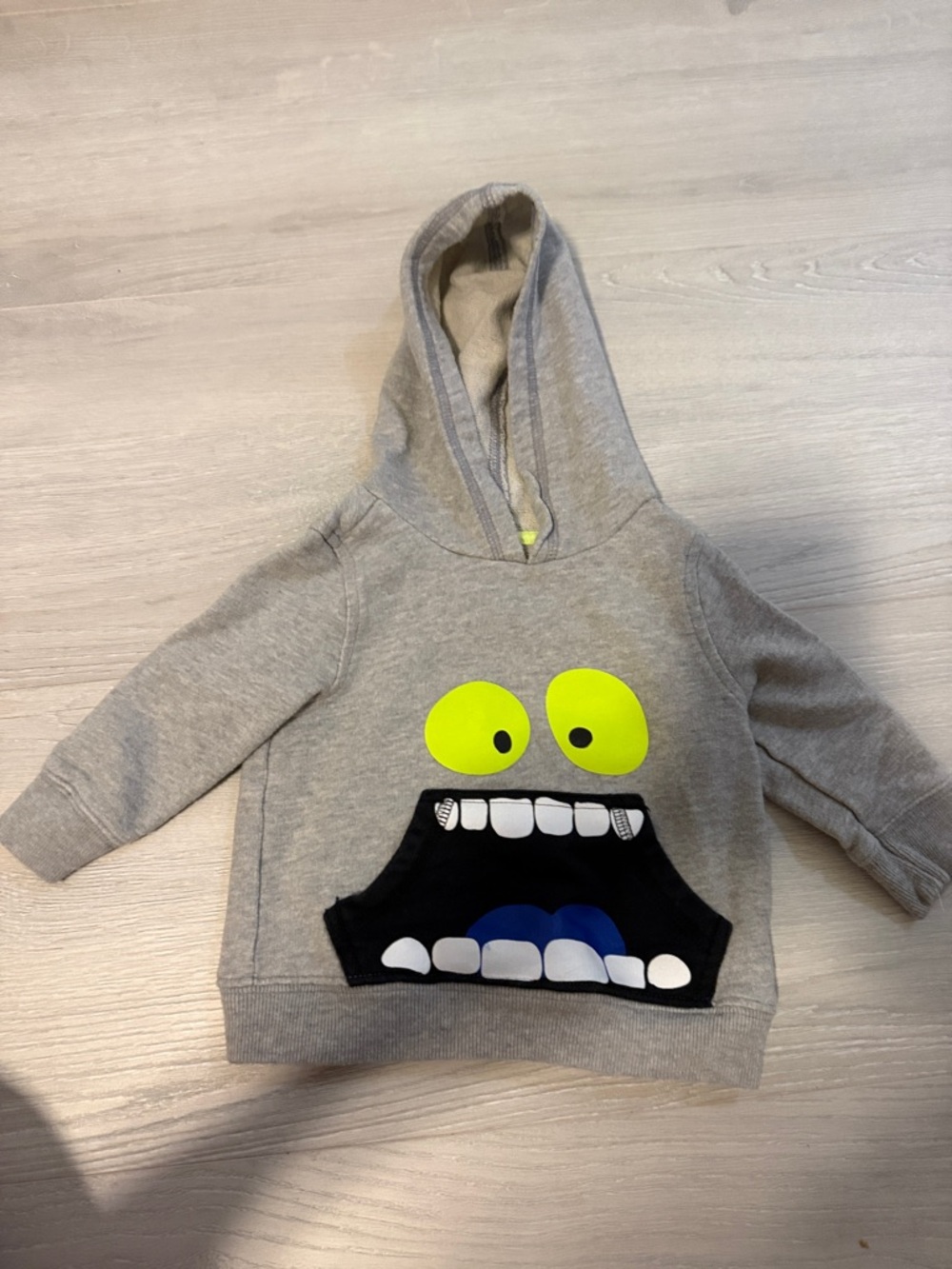 Kids Grey Pullover Hoodie with Fun Monster Face